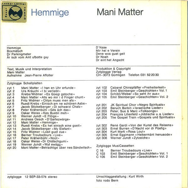 Mani Matter ‎–  Hemmige (Vinyl)