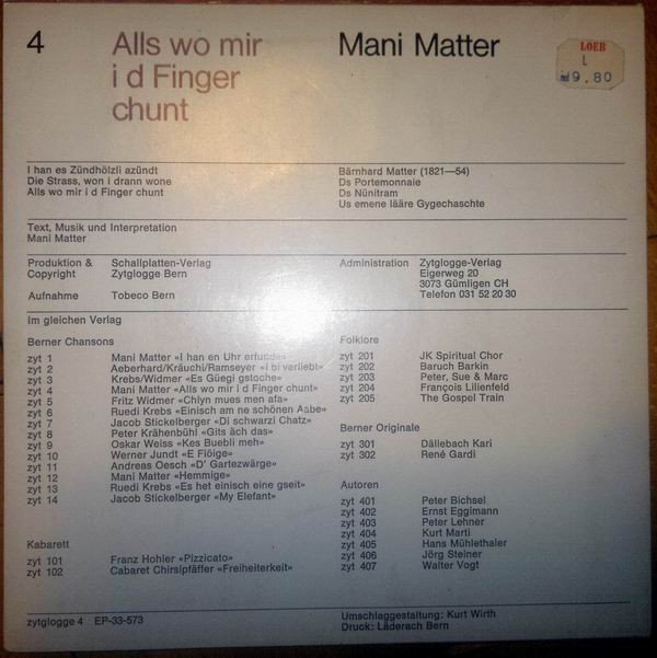 Mani Matter ‎–  Alls Wo Mir I D Finger Chunt (Vinyl)