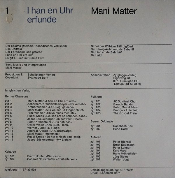Mani Matter ‎–  I Han En Uhr Erfunde (Vinyl)